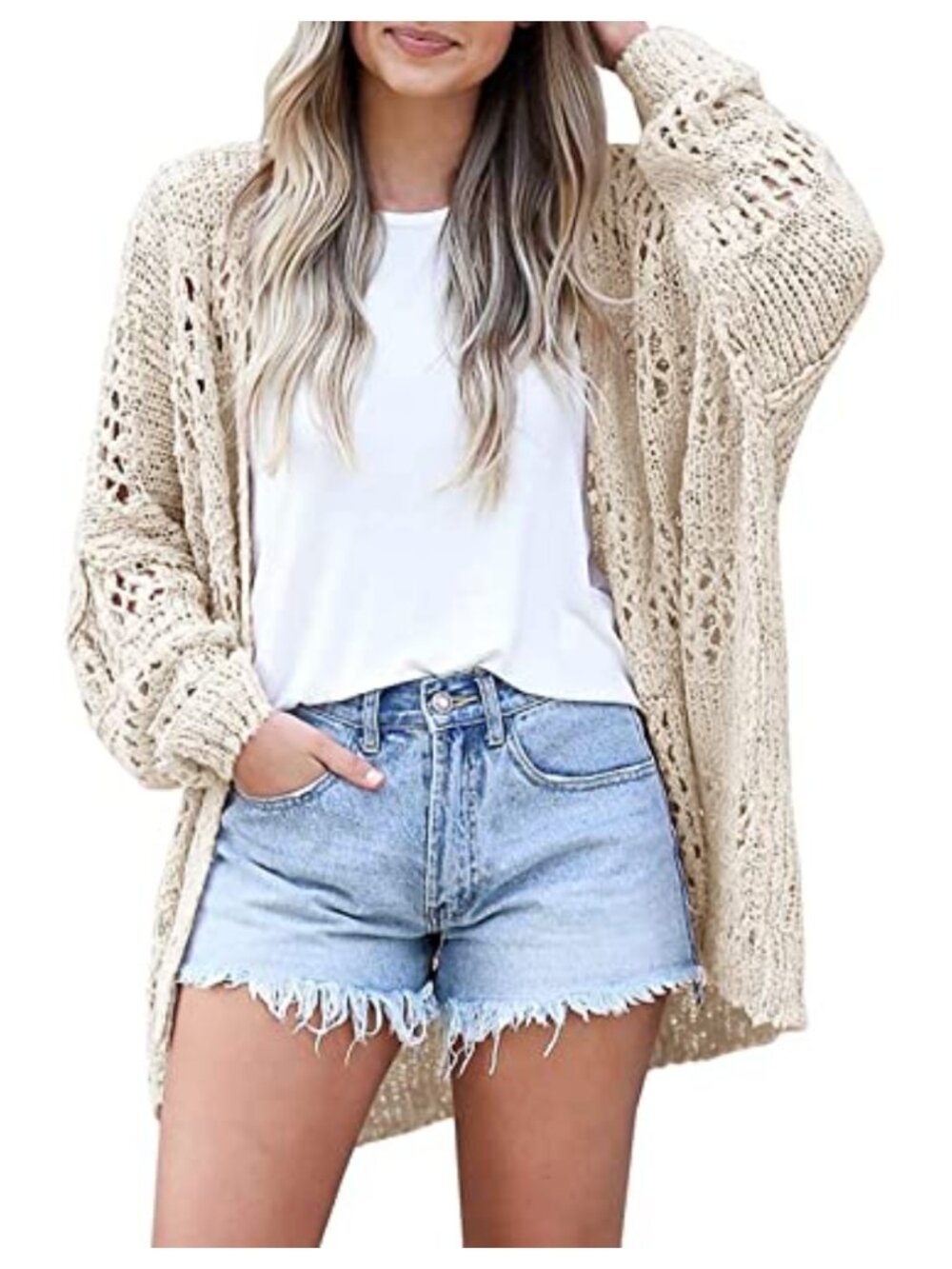 Women's Crochet Open Front Cardigan Sweater - Summer Knit Kimono